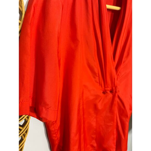 Vtg Red Draped Blouse Snap Neck Button Front Short Sleeve 80s | Bright Spring - Picture 8 of 12
